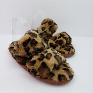 NEW Unbranded Womens Size L Brown Leopard Faux Fur Slip On Slide Slippers